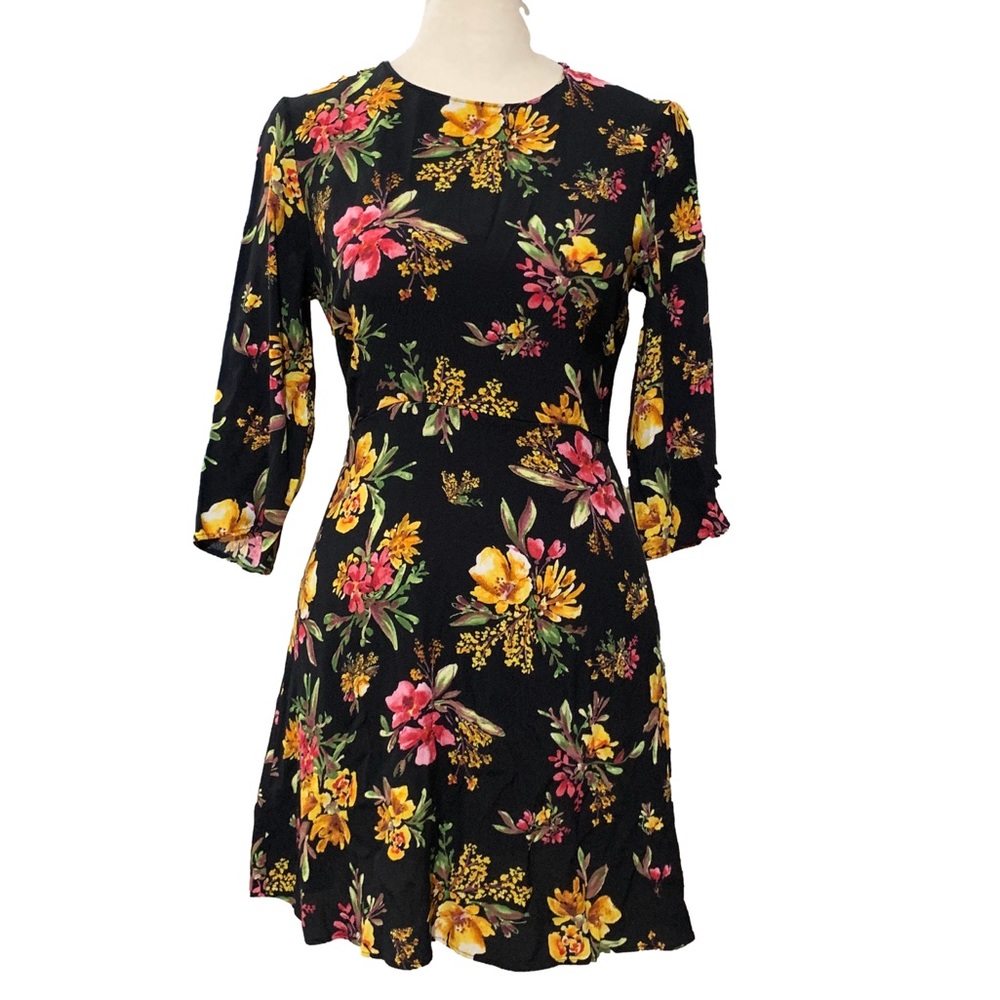 Zara Basic Black Vibrant Floral Patterned 3/4 Sleeve Sheath Mini Dress